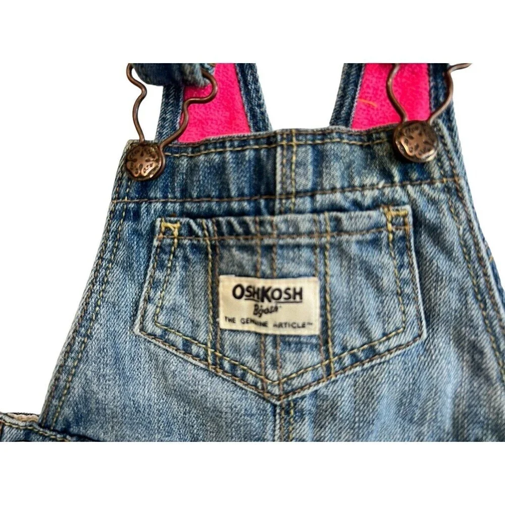Vintage OSHKOSH B'GOSH Bib Overalls Denim Blue Jeans Pink Bow Fleeced Lined 9M